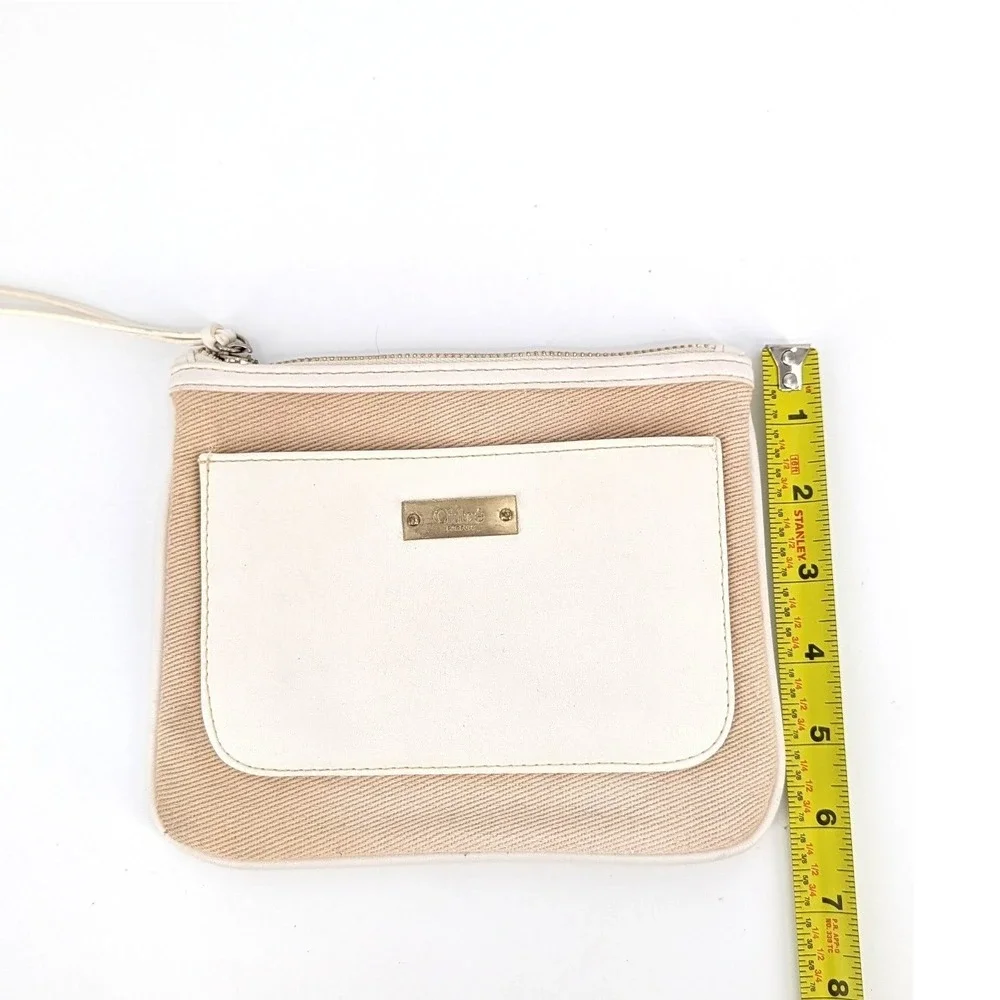 Chloe Parfums Canvas Cosmetic Pouch Tan White Logo Zip Clutch